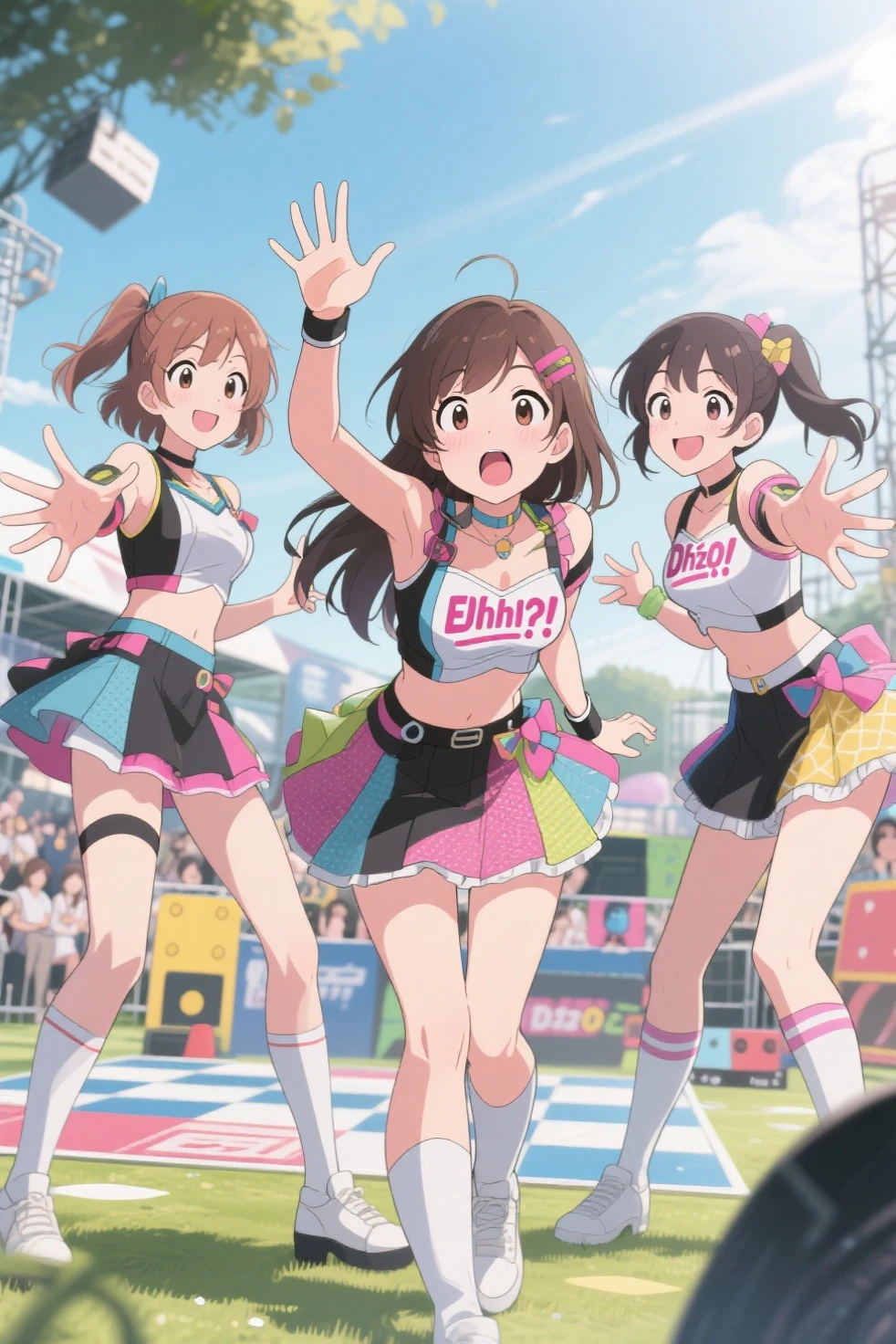 ((masutepiece、Highest quality、High resolution、nffsw、Perfect Pixel、4K、nffsw、nffsw)))、1 person、single、solo、Beauty、Full body view、Cheerleader、((Smooth texture:0.75、Realistic texture:0.65、Realistic:1.1、Anime CG Style))、(1 personのCheerleaderが屋外ステージに膝を着いて足を大きく広げている:2.0)、((Symmetrical eyes:2.0、Brown eyes、Slanted Eyes、Long eyelashes、Beautiful eyelashes、Realistic eyes、make))、 ((Detailed face、blush:2.0、I hate it:1.5、Are crying:1.0、Screaming:1.0))、 (Big breasts and sexy figure:1.2)、 Brown Hair、Shoulder-length hair、((Cheerleader衣装、Wearing a bikini top.0、Wearing a normal length skirt.0))、((View from below the stage:1.5))、((There are a lot of photographers around taking pictures.:1.5))、Focus on panties:1.5、Her skirt is rolled up and her panties are exposed:1.0、(Panties are completely exposed:1.5)、(Wearing wide panties:1.3)、(Wearing cute panties:1.3)、Wearing sneakers、((Large crowd:1.5))、Sunny daytime