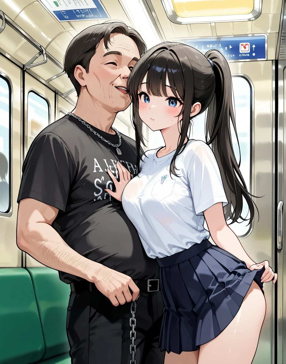 One man,(man in Prague:1.5),( middle aged man:1.5),(man is penis:1.3),penis is erect,perfect penis shape、Man is 30 years old、man is smile、(man is fullnude:1.5),2 girl, pretty girl , (brown hair with natural bright luster:1.5),(let bangs fall:1.2),(on the train:1.4), face to face, full_body, (smile:1.2),beautiful girl,short ponytail、handjob,(standing:1.8),(cowboy shot:1.2),(girl is fullnude:1.9),