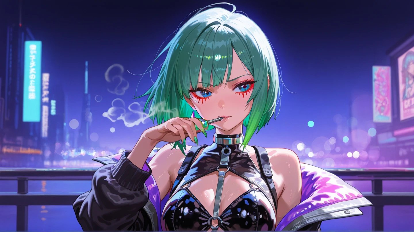 {Moist feather(hololive)}, 1girl in, Short hair, Double bun, {Emerald green hair}, {{Red Eyes}}、​masterpiece、top-quality、very flat chest, very small chest、小柄、Many piercings in the ears、frown、A slightly condescending look、Sitting in a leather chair、Aura of Darkness、((black underwear pants、black tube top bra))Very thin tank top、inside in room、Blue-winged butterfly、watching at viewers、((I have a cigarette in one hand、Smoke wafts from the cigarette。She is a smoker and holds a cigarette in her finger))、((light round sunglasses、My eyes are visible through my sunglasses。))