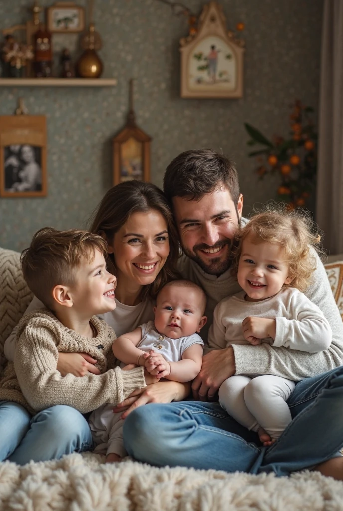 family photo with a father with curly hair and a beard and a plump and beautiful mother ,a short and pretty 1 daughter , A handsome 1 son and a baby