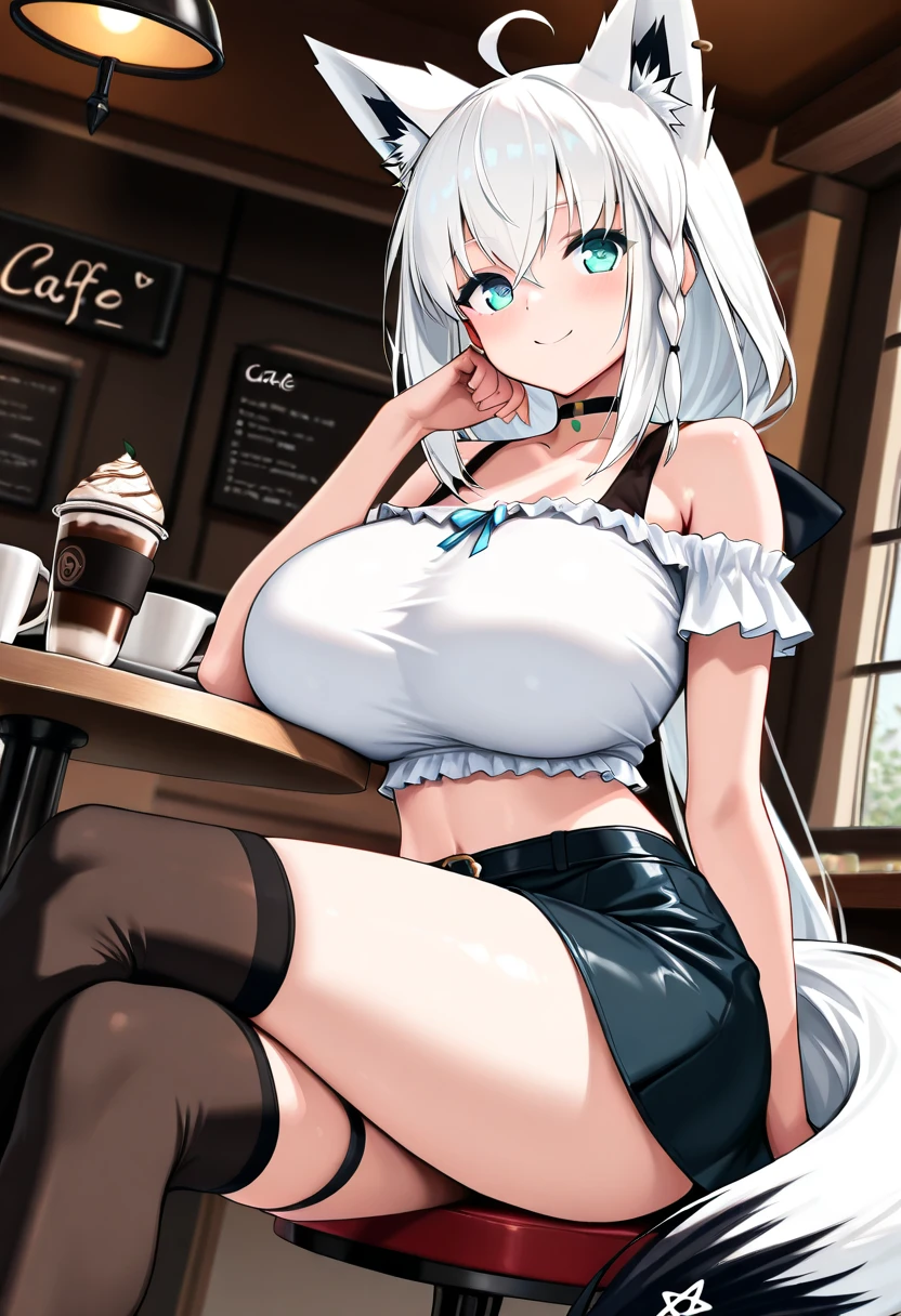 Beautiful breasts, 1girl, ((white hair)) ((Wolf-Girl)) green eyes, with full breasts and perfect waist, and a voluptuous body, leather jacket clothes under the jacket, beautiful short skirt, has a bold look , cute, calm expression, chains around the neck, in the forest, porch of an old wooden house, small stream, (best quality, ultra-detailed, photorealistic: 1.39), cute girl, Face of naughty 31 year old teenager, bright and vibrant colors, studio lighting, romantic expression,