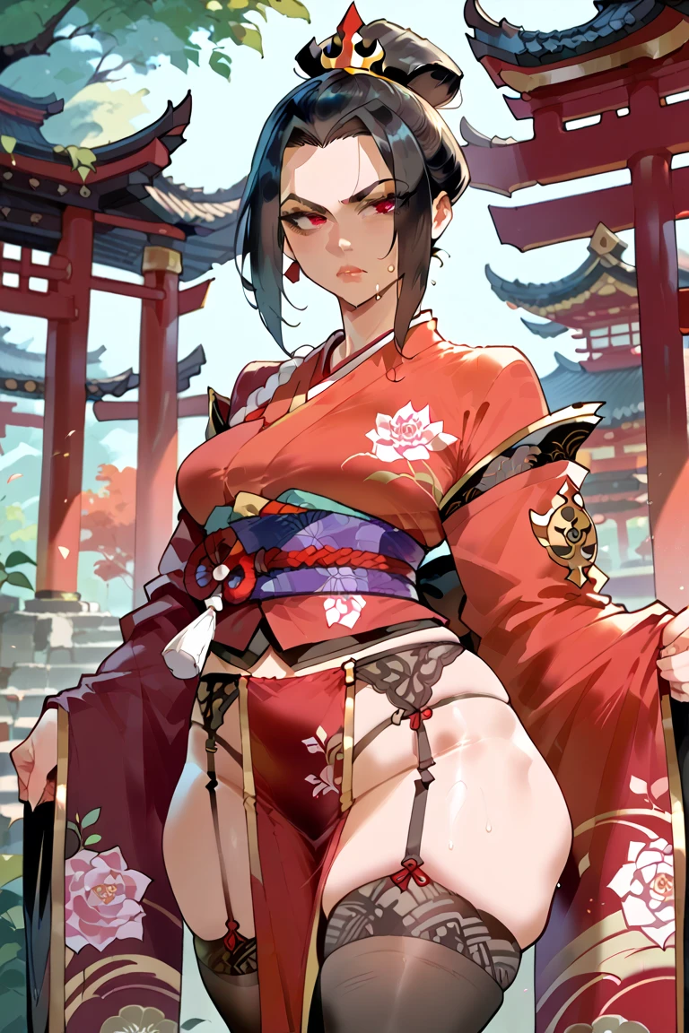 8k Tragic fantasy historical drama Beautiful palace secrets　Beautiful Chinese 10 year old Kung Fu girl with long black hair holds both arms、Both legs are restrained and the body is fixed to the cross　Gorgeous embroidery, Ultra glossy, She is wearing a shiny red long-sleeved floral kung fu suit....　　
