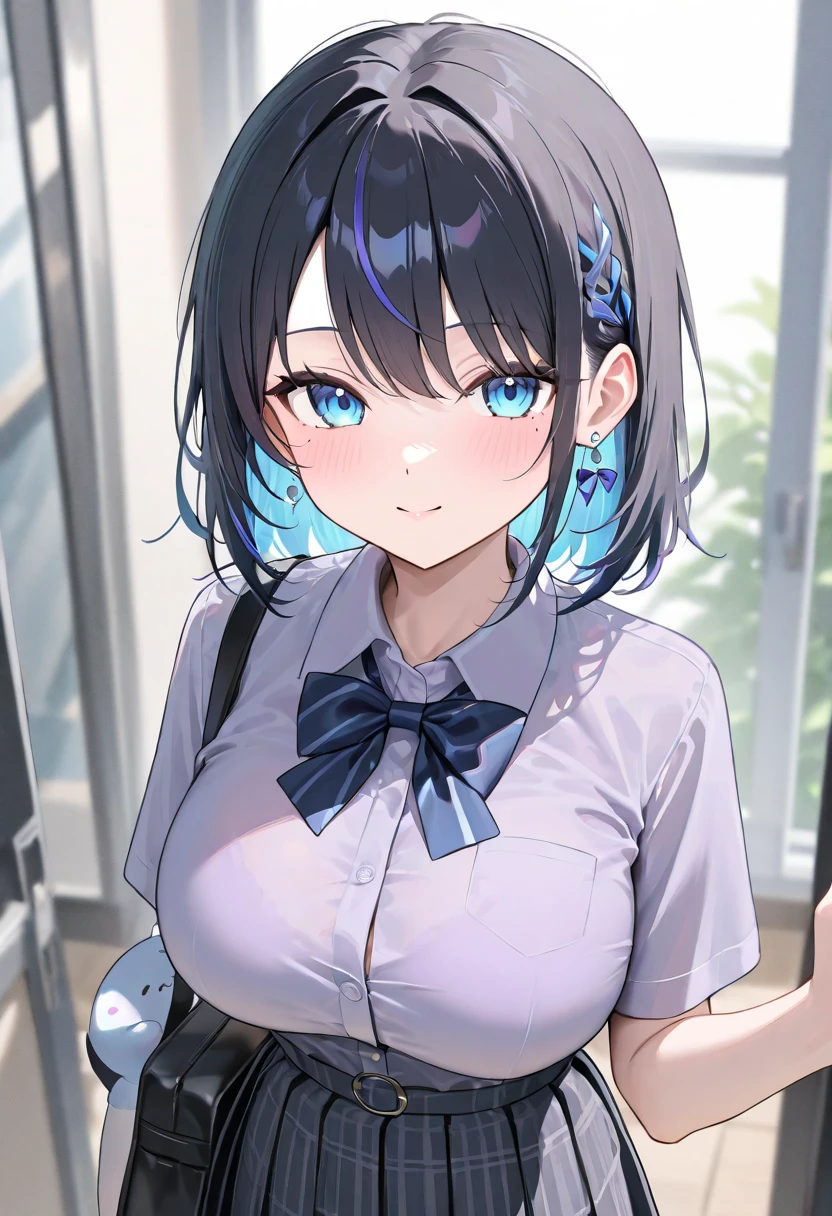 ((Highest quality)), ((masterpiece)), (detailed), (Japanese),16 years old, Black Hair,(Childish face), (Bob Hair), Girl, big Breasts, ((topless)), ((Blue eyes)),half-smile ,Sunlight, (extreme_close_up) , riverbank, flower garden,((See-through shirt)),(Sheer shirt),