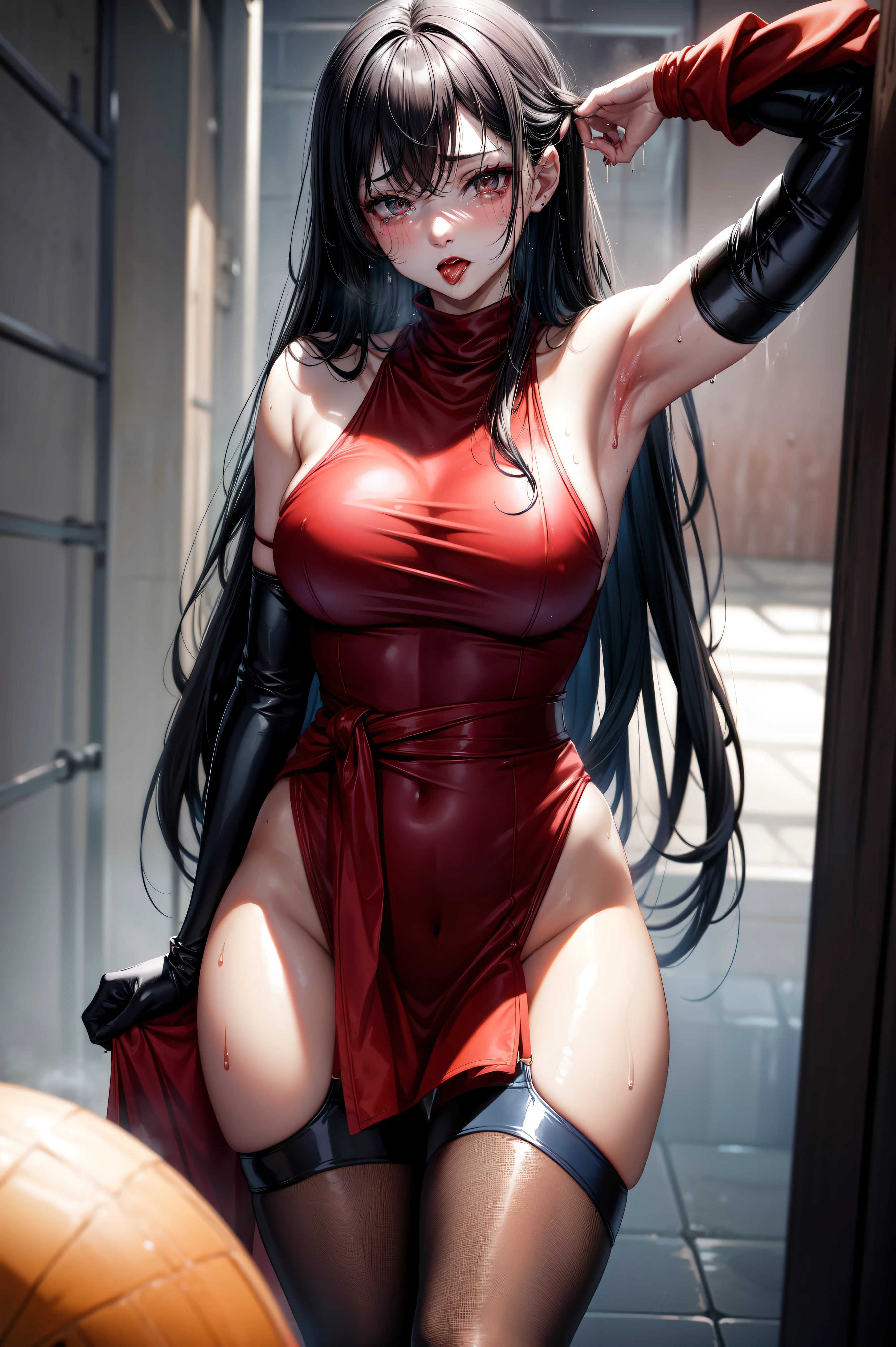 tsuruta ichiro, Narrow-eyed, 1girl in, Allback、shorth hair、brow、Reluctance、A dark-haired、Tucked Hair Solo, Cowgirl, Red dress, ((mideum breasts)), (Super long hair:1.2), Thin slit eyes、blue grey eyes, Random colored hair, gloves, Dress, Jewelry, earrings, sharp eye、Red Glove, elbow groves,Raise your hands and tie your hair back, random color, random color dress, From Side, makeup, Slender eyes、lip stick, Complex petal pattern, Rim Light, Back Light, pastel color,