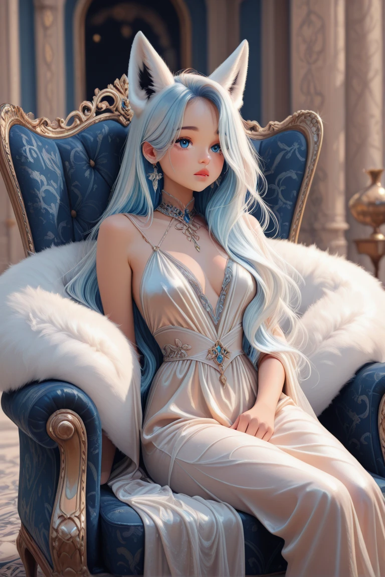 CRU, beautfull woman, (incredibly long hair, White hair, Wavy hair, blue colored eyes), in the office, while sitting in an armchair, beautiful and graceful dress, rosto gentil, (whole body:1.3), (work of art) (perfect proportion)(photo realist)(best qualityer) (detailded) (8k) (HDR) (wall-paper) (cinematic lighting) (sharp focus) (intrikate)