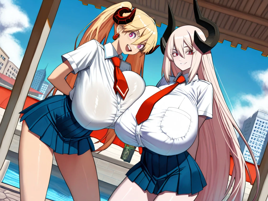 2heads, short chubby woman with 2 heads. She has enormous breasts. She is wearing a tennis outfit. She is outside. She has gigantic breasts. She has long blonde hair. She has enormous breasts.
