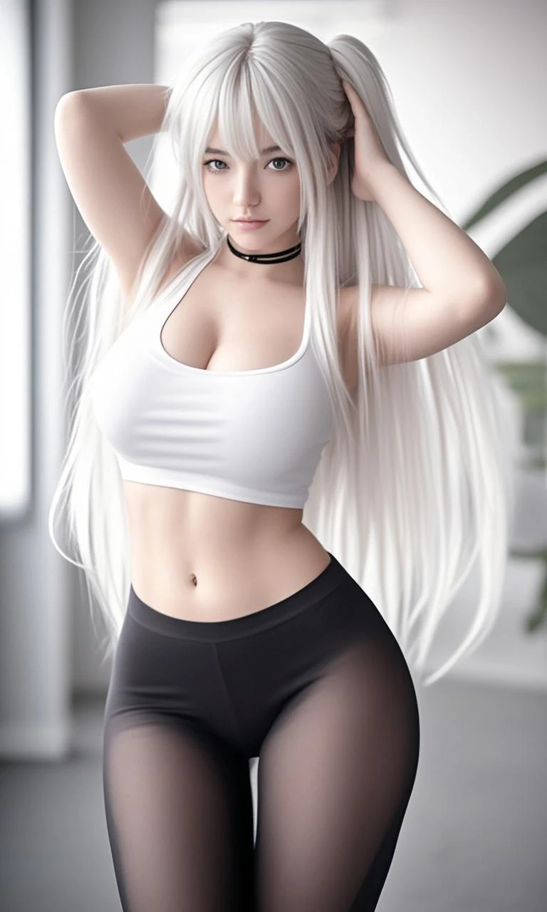 photorealistic, high resolution, 1women, solo, hips up, look at viewer, (detailed face), white hair, long hair, leggings, thick thighs