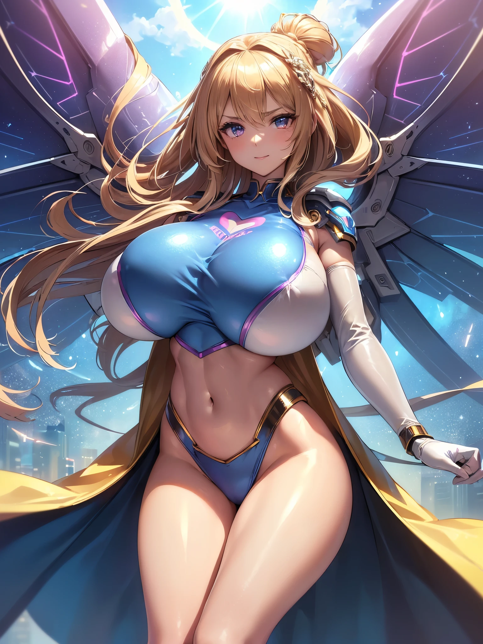 (((masterpiece))), (((best quality))), ((ultra-detailed)), (illustration), ((an extremely delicate and beautiful)), ((super detail)), ((high resolution)), (((20 years old))), metallic cloth, (oriental dancer), (android), ((mechanical wings)), delicate metal decorations, gleaming skin, shiny body, two legs, breast focus, (((tall))), slender legs, ((big round eyes)), cute eyes, drooping eyes, ((adult)), two hands, five fingers, no extra hands, elegant smile, braid, medium length hair, ((metallic blue)), (see-through), (dark blonde), (ultra-huge breasts), (shining brightly), outdoor, mini skirt, city, daytime, ((biopunk)),
