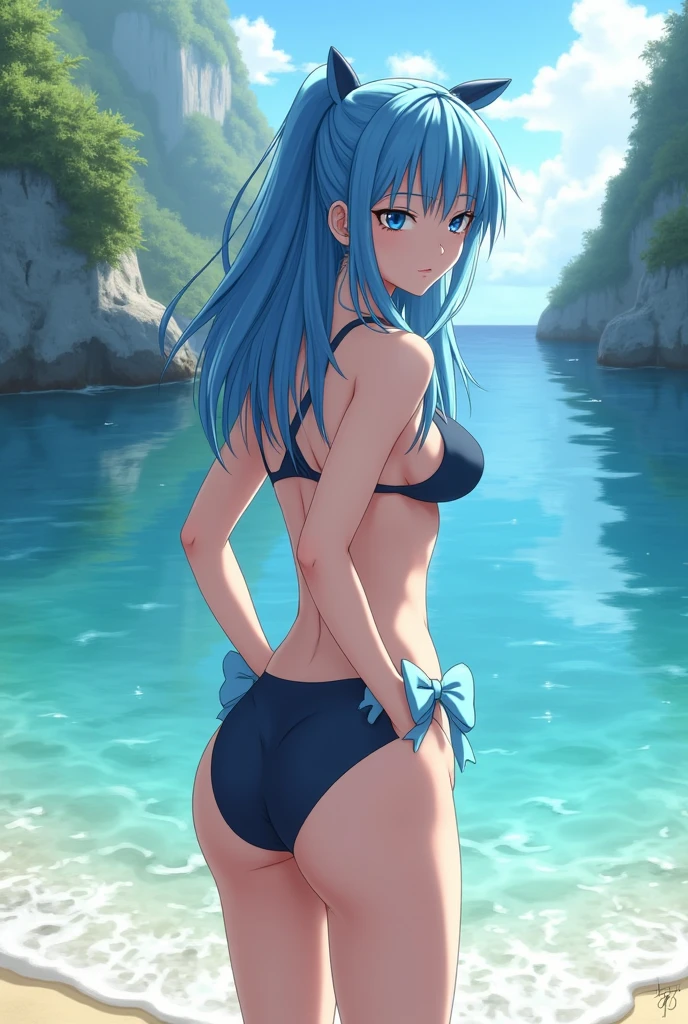 1girl, Laura_S_Arseid_/(sen_no_kiseki/), /(sen_no_kiseki/), medium breasts, long hair, ponytail, (blue hair), yellow eyes, seductive smile, beautiful beach, bikini, one hand on hip, swim shorts, open fly, open shorts, unzipped shorts, expose thong, midriff, playing in water, (masterpiece), (best quality), (absurdres), (high-res), (perfect anatomy), (4k), (detailed body), (detailed hair)