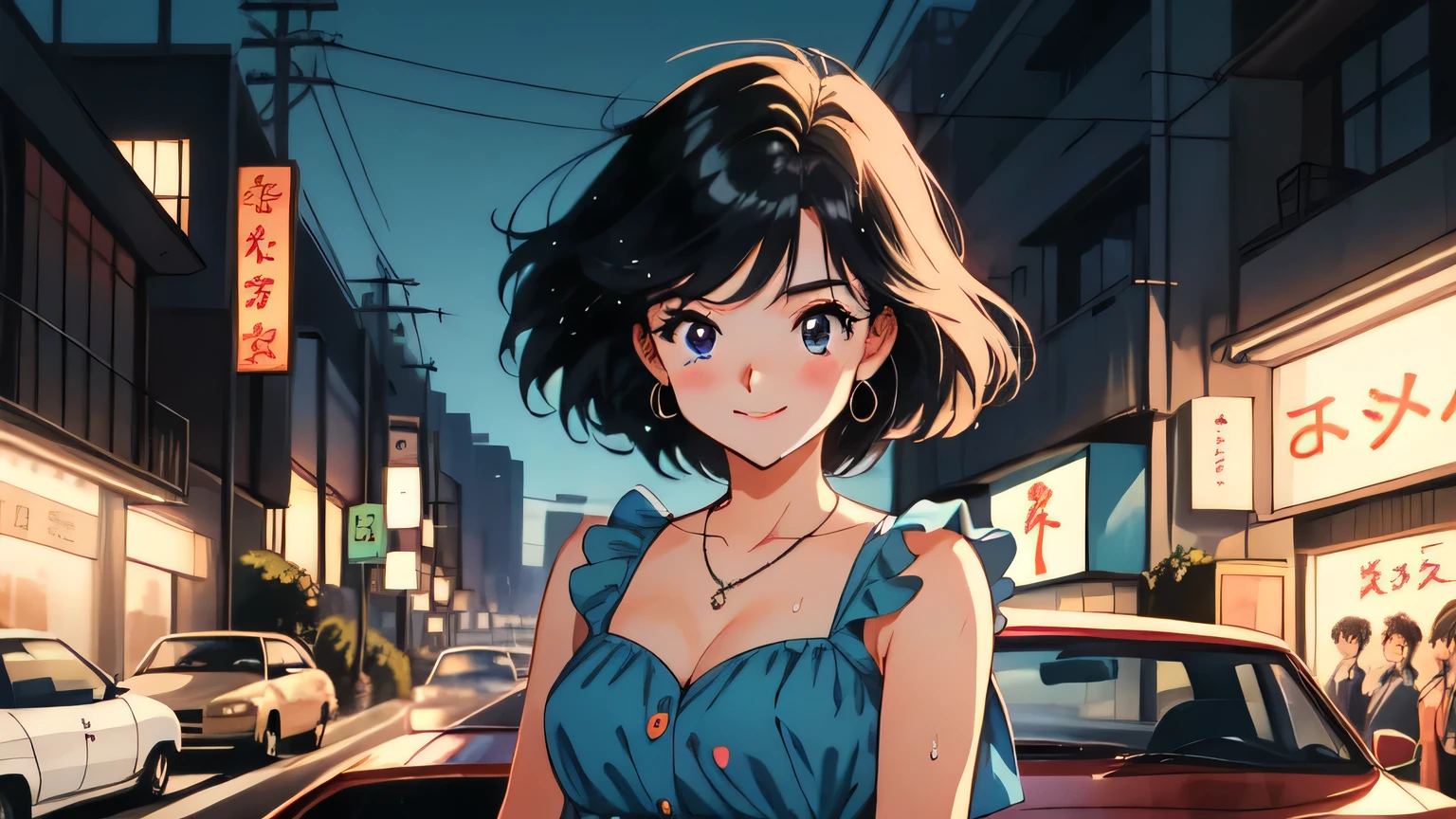 1 cute girl from retro anime, wet pussy of the 80s, studying 80s anime style, retro anime girls, 1980's anime style, Retro anime images, wet pussy, Chill, sexy eyes , Smile,  Folk car, person who blurred the city of Tokyo in the background々, at night,in front of the clock