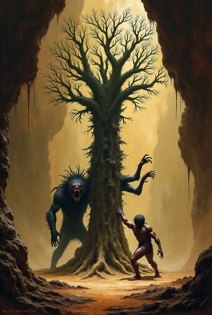 a demon made entirely of tree roots, awakens: he slept inside the iron maiden, stuck to the ceiling. There were spikes with hooked blades stuck into it, that hurt the body. The demon loves pain and only thanks to it rests and sleeps. While he was freeing himself from thorns, he screamed loudly in anger, indignant how such a dream could have happened. Vector, few colours, distorted art, ghostly, the style of the 60s, oil painting
