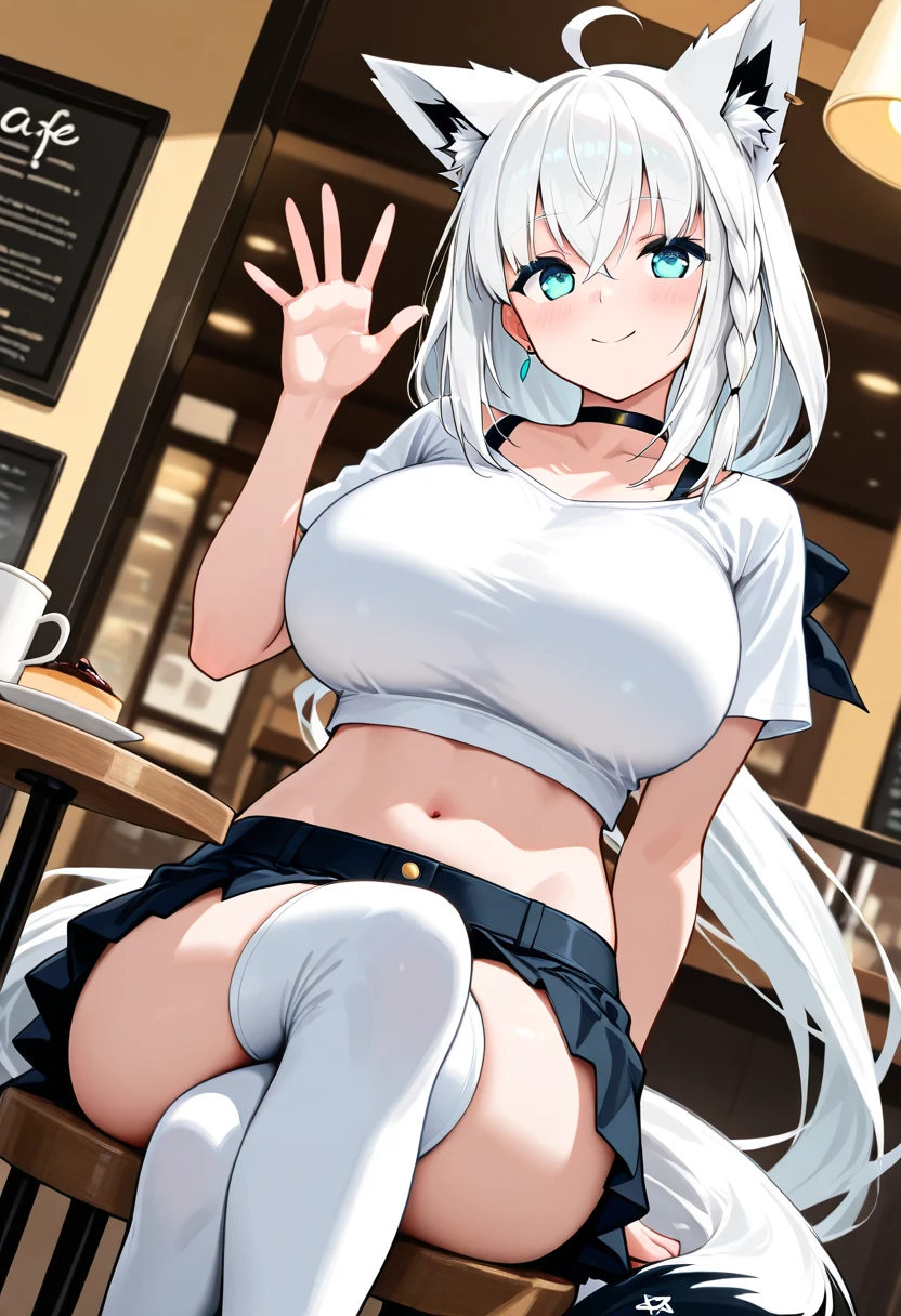 noa, white hair, long hair, ((topless)), masterpiece, best quality, highres, solo, large nipples, midriff, erect nipples, navel, gym, gym equipments, weight room, miror, halo, smile, medium breasts, leaning forward, blush, smiling, sweat, sticky liquid on body, purple eyes, black leggings, bare arms, bare elbow, puffy nipples, tongue out, long tongue