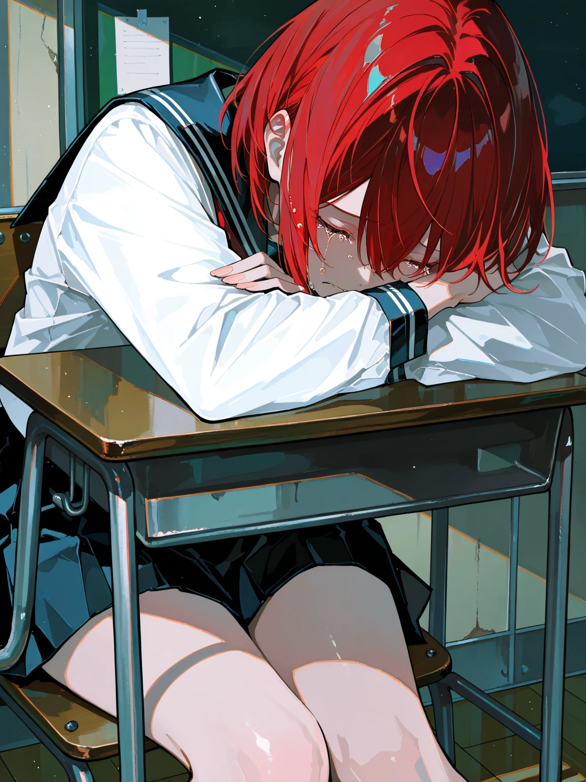 NSFW, Yuzu, blue archive, 1girl, classroom, table nude, embarrassed, vagina, , laying on table, dark, red hair,