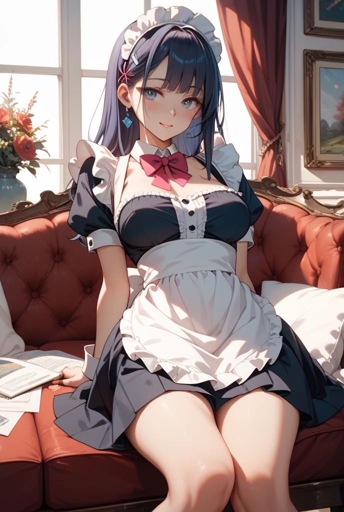 (super fine illustration:1.3), (best quality, masterpiece:1.2), high resolution, bright colors, highly detailed face, detailed face
(1 girl:1.3), (solo:1.3), <lora:age_v2:1.8>
(colored hair:1.3), short hair, (side up twin tail:1.3), (beautiful green eyes:1.2), (big breasts:1.1), (big body:1.4)
waiza, sitting, arms behind, indoors
(maid outfit, maid cosplay:1.3), thighhighs, (Brown knee high socks, long socks:1.2), high socks