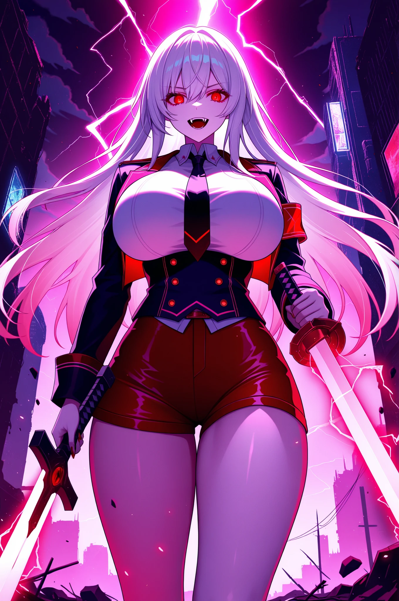 long white hair, vampire, glowing detailed red eyes, uniform, white shirt, tie, red shorts, holding sword, 1girl, solo, vampire fangs, huge breasts, ruined futuristic city, dystopia, lightning storm, pink lighting, volumetric lighting, cinematic lighting, masterpiece, best quality, amazing quality, very aesthetic, absurdres, newest,