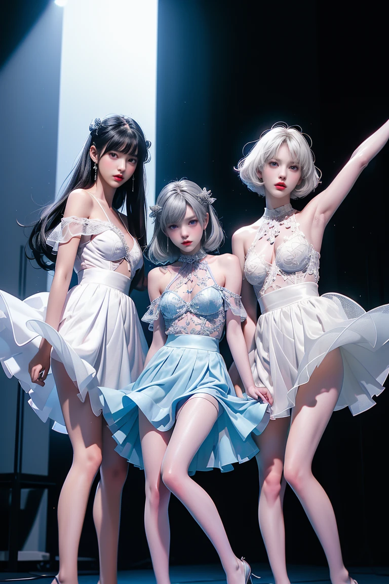 Femme à quatre pattes, le cul dans les airs, le dos en arc, face à l'écran, beaux seins, double ponytails, cat ears, cheveux blanc, lingerie blanche,