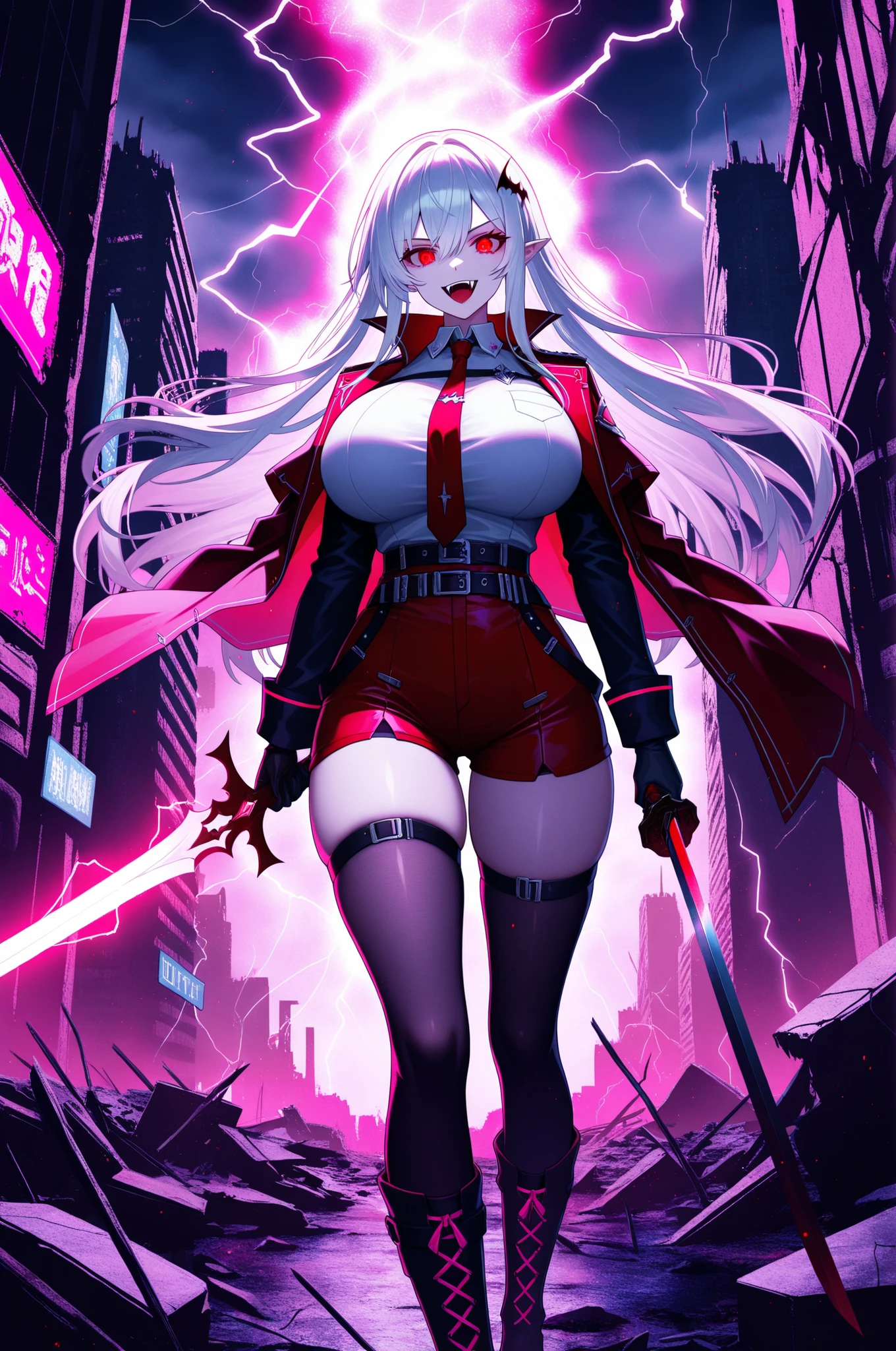 long white hair, vampire, glowing detailed red eyes, uniform, white shirt, tie, red shorts, holding sword, 1girl, solo, vampire fangs, huge breasts, ruined futuristic city, dystopia, lightning storm, pink lighting, volumetric lighting, cinematic lighting, masterpiece, best quality, amazing quality, very aesthetic, absurdres, newest,
