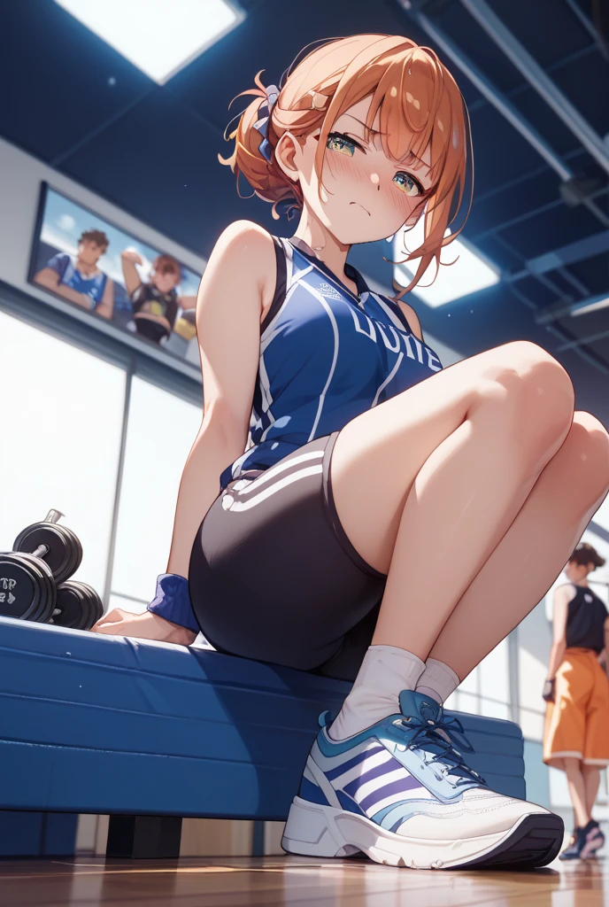 score_9,score_8_superior,score_7_superior,One girl,sole, barefoot,Feet Focus,View your viewers,Sitting,Sweat, A sporty-looking woman is smiling cheerfully