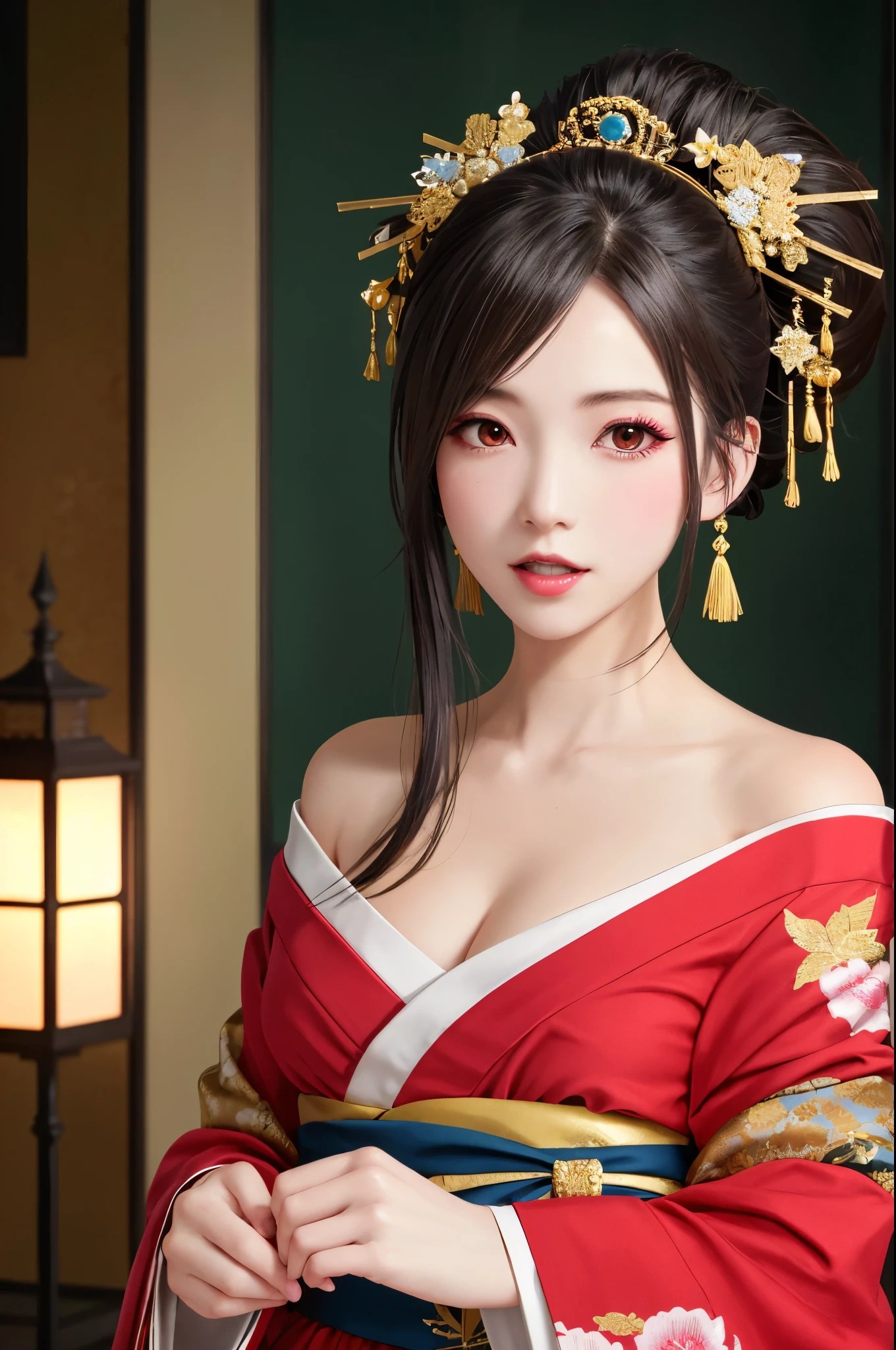 Best quality, 4k hd, realistic portrait, posing for a photo, only show upper half, beautiful japanese girl, Japanese Clothing, beauty fantasy, sexy busty dress, asian super detailed, seductive, Samurai statue, fantasy art, exhibitionism, slit, sexy outfit