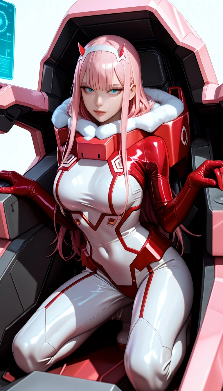 zero_two, (darling_in_the_franxx), 1girl, absurdres, high res, extremely detailed ultrasharp, 8K, masterpiece, looking at viewer, thighs, breasts, pink hair, pair of horns, long hair, makeup, pilot outfit, red bodysuit with white details