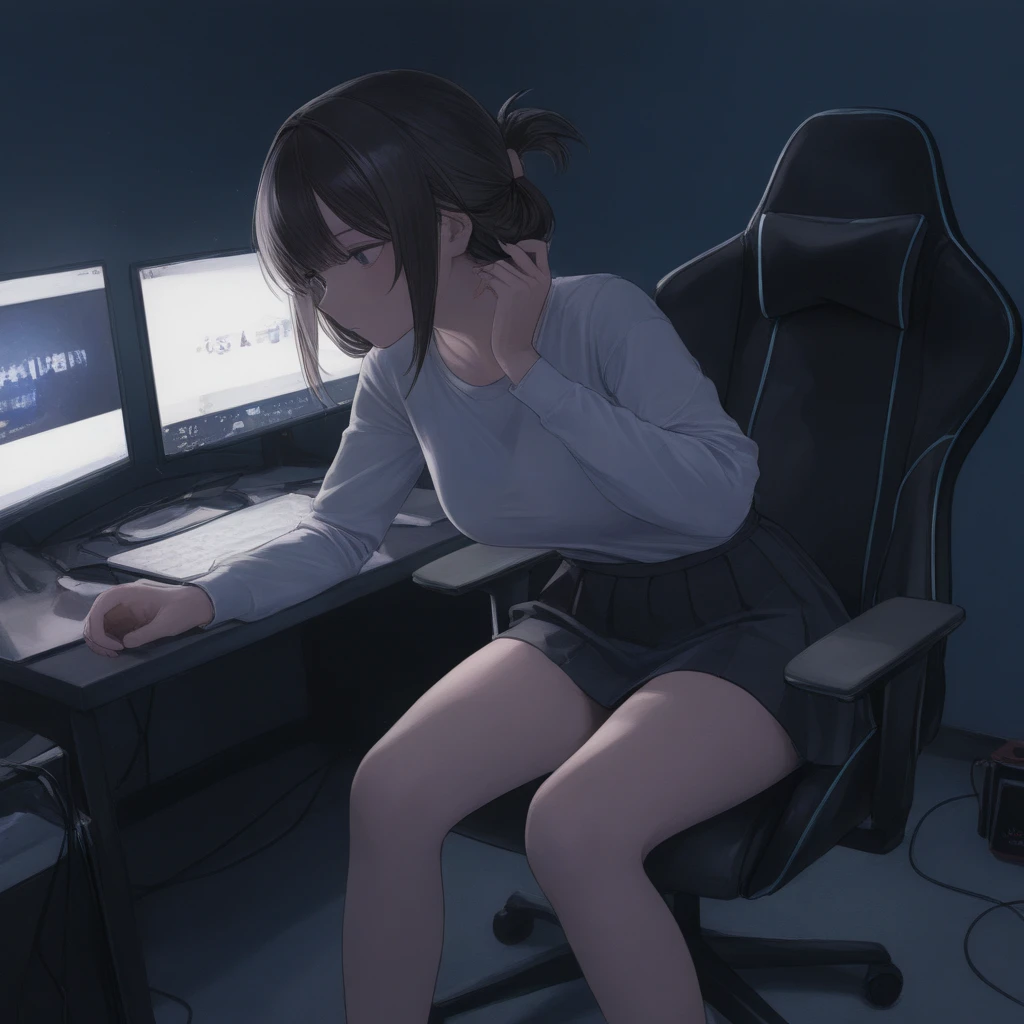 (masterpiece、top-quality、hight resolution、Unity 8k Wallpaper、extremely details CG:1), In a very small, dimly lit room about the size of a private room in an Internet cafe, a young girl is masturbating while intently watching the TV screen. The room is very small and has only a chair and a TV. The girl is completely absorbed in the adult video, her eyes wide open and breathing roughly, fascinated. It is as if she is seeing something incredible for the first time. The scene is painted from the side, showing her sitting on the edge of the chair, leaning slightly forward and concentrating on the screen in profile. Her expression is one of pure engrossment, completely unaware of her surroundings. Her sexual pleasure rises with her first adult video. nsfw