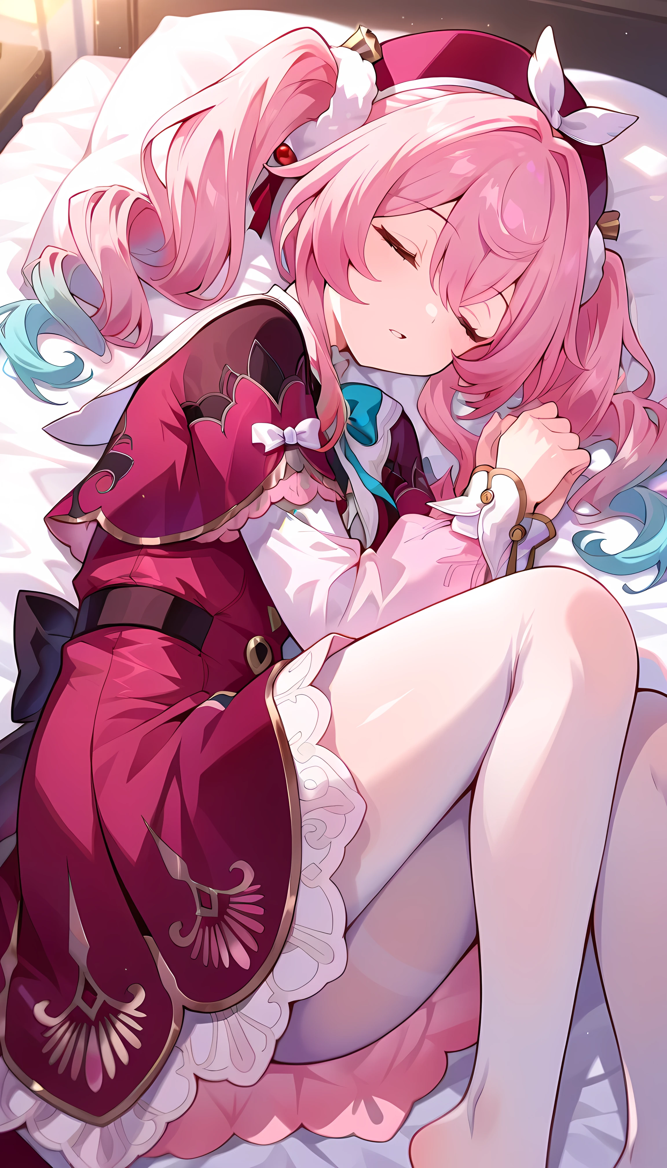 score_9, score_8_up, score_7_up, BREAK source_anime, (Masterpiece), (top quality), hyacine \(honkai star rail\), (closed eyes, closed eyes, sleeping, sleeping, on the bed, From the side:1.1), 1girl, pink hair, solo, twintails, multicolored hair, dress, long sleeves, red headwear, pantyhose, gradient hair, white pantyhose, looking at viewer, hat, long hair, bow, red dress, hair between eyes, aqua eyes, puffy sleeves, parted lips, blue hair, sidelocks, puffy long sleeves, bowtie, BREAK, Smiling, shiny eyes, Anime painting, seductive, erotic, shiny skin thighs, Sexy, (cute illustration:1.3), (high saturation:1.3), cute face and eyes, Dynamic Lighting, extremely detailed background description, BREAK masterpiece, top quality, amazing quality, Very Aesthetic, high resolution, ray tracing, high resolution, 4K, 8k, , High Definition, top quality, that' s ridiculous