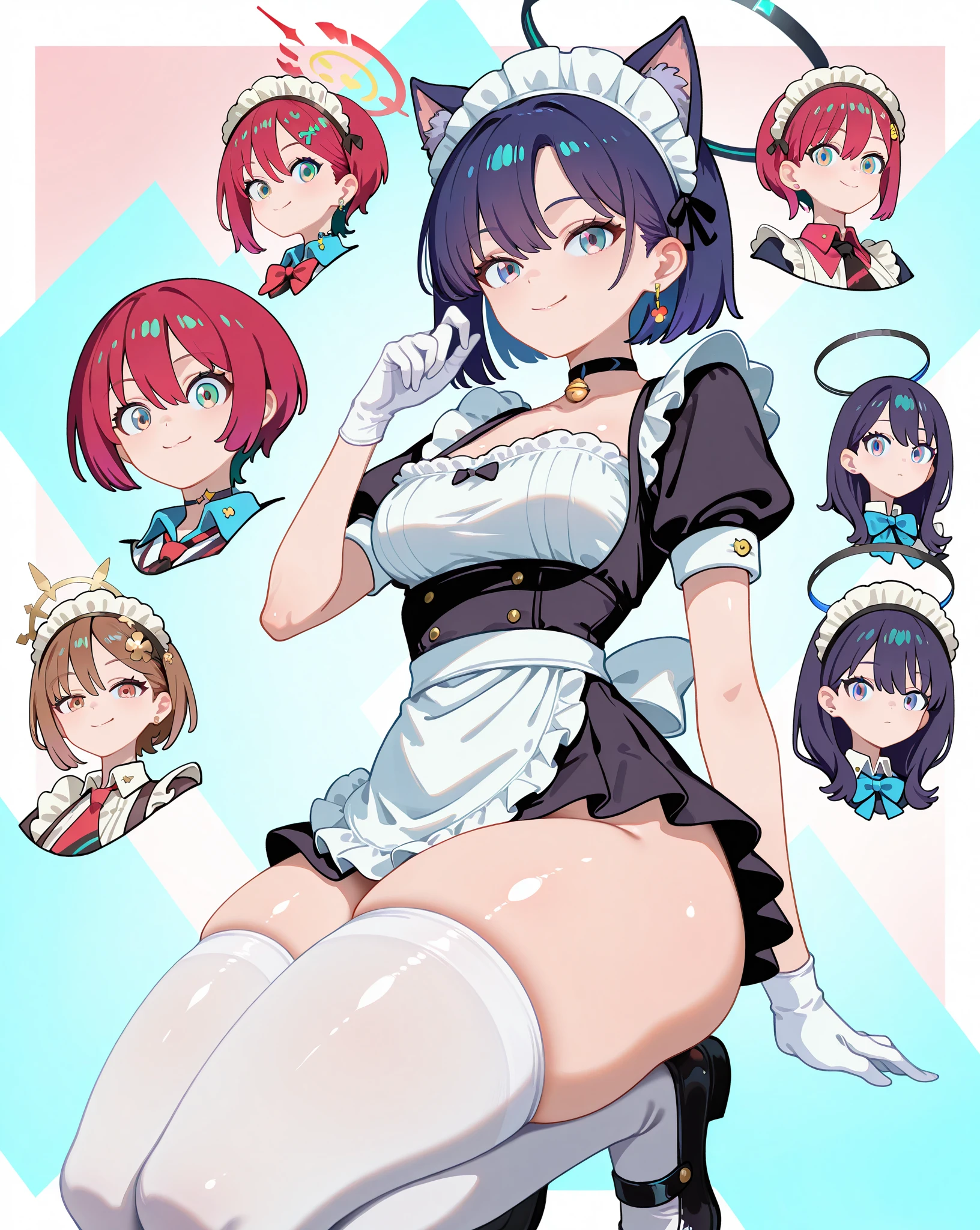 ((([longLavender hair on Braided hairstyle]), (golden eyes), big breasts):1.5),
(cartoon style, anime, simple, plain colors, pin-up girl, high contrast colors:1.5), (die cut sticker:1.4), (chibi:0.4),
alone, 1woman
in (highly intricate lace maid bikini:1.5),
(flirting, bondage, (shibari, ropes around breasts, breasts on tray:1.5)),
simple background, (black background:1.5) ,(no_blur:1.5), (defined edges, sharp edges:1.5)
 <lora:breasts-on-tray-v2:1>