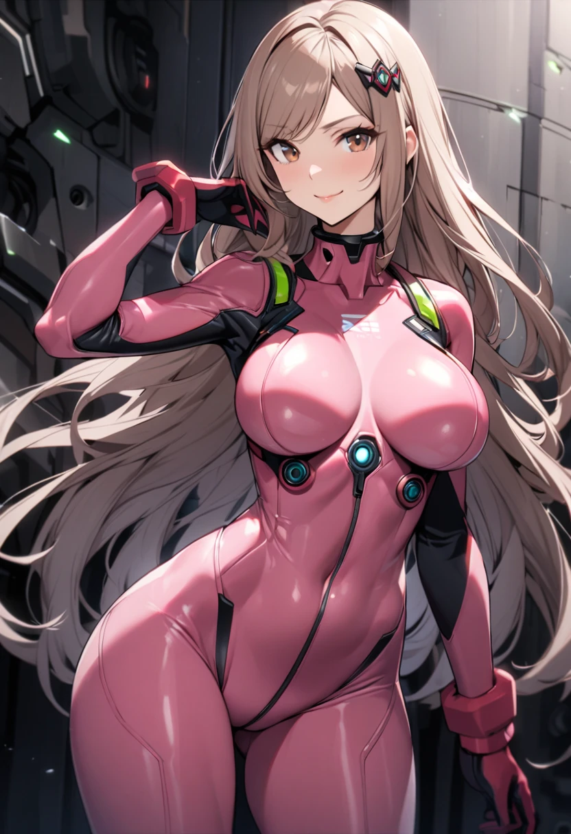 slender, mature female, 1girl, long_hair, bodysuit, breasts, solo, hair_ornament, pilot_suit, looking_at_viewer, bangs, large_breasts, gloves, smile, swept_bangs, brown_eyes, closed_mouth, medium_breasts, cowboy_shot, light_smile, bodysuit, pink_bodysuit, skin_tight, breasts_apart, standing