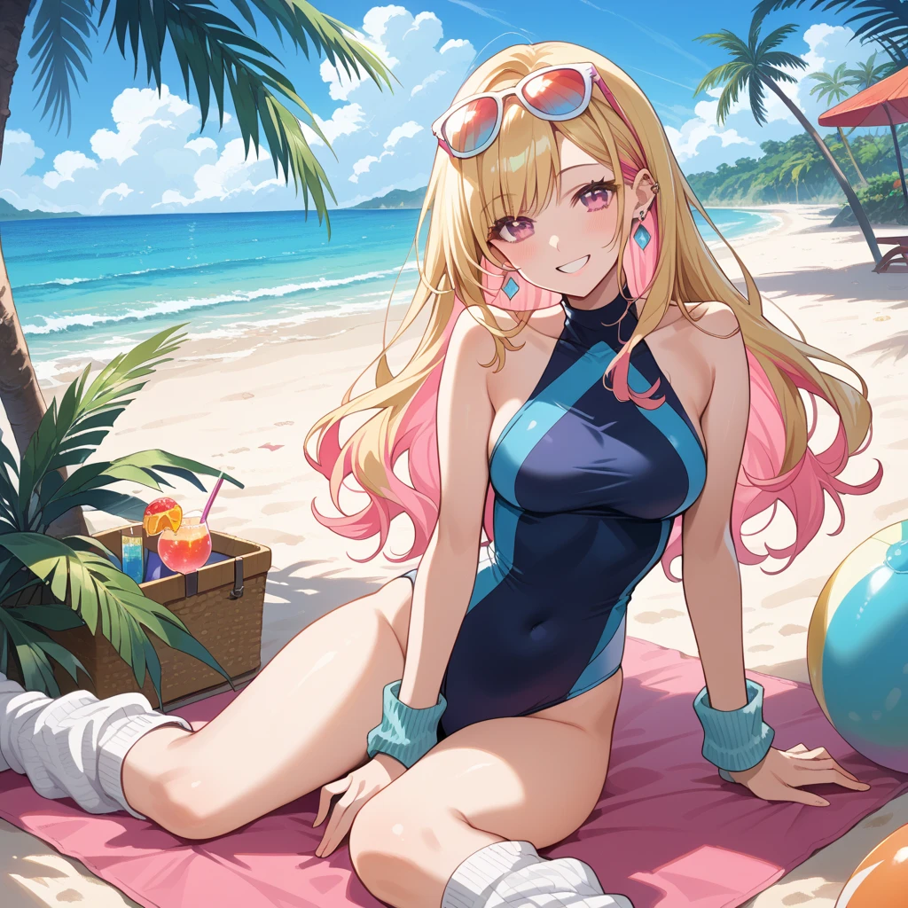 a girl with blonde hair on the beach. She has fair skin and striking purple eyes. The character wears a bikini with a transparent dress over it, headphones. She is. sitting on the beach sand