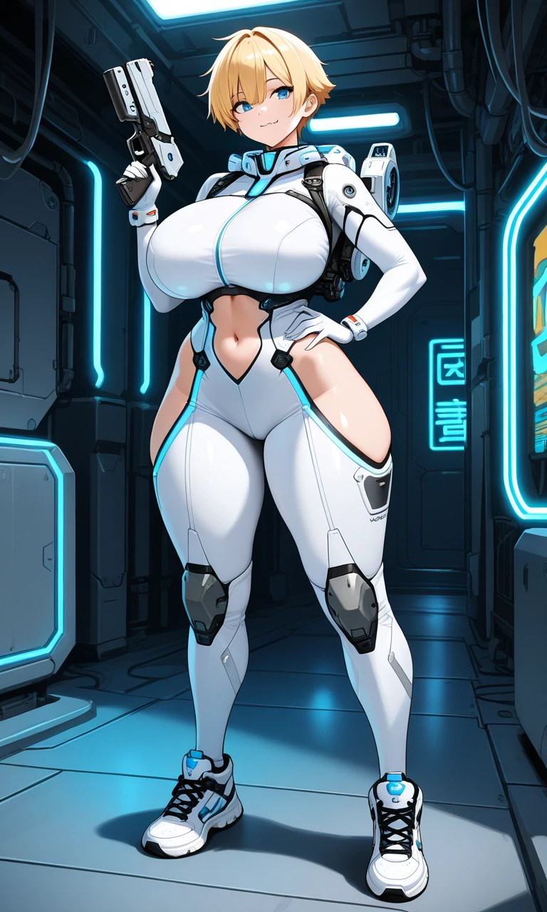 masterpiece:1.4, 1girl in ((20yr old, Wearing a futuristic white and silver outfit, Tight Fit Bodysuit, long boots, Very gigantic-breasts, Multicolored blonde hair, a short bob, Perfect model body, Blue eyes:1.4, Wearing headphones, Flirting, Big smile, Looking out the window of the futuristic sci-fi space station、While admiring the beautiful galaxy:1.2, SFSF control room on night background:1.1, Neon and energetic atmosphere:1.2)) ((Galaxy)) ((Solo:1.6))