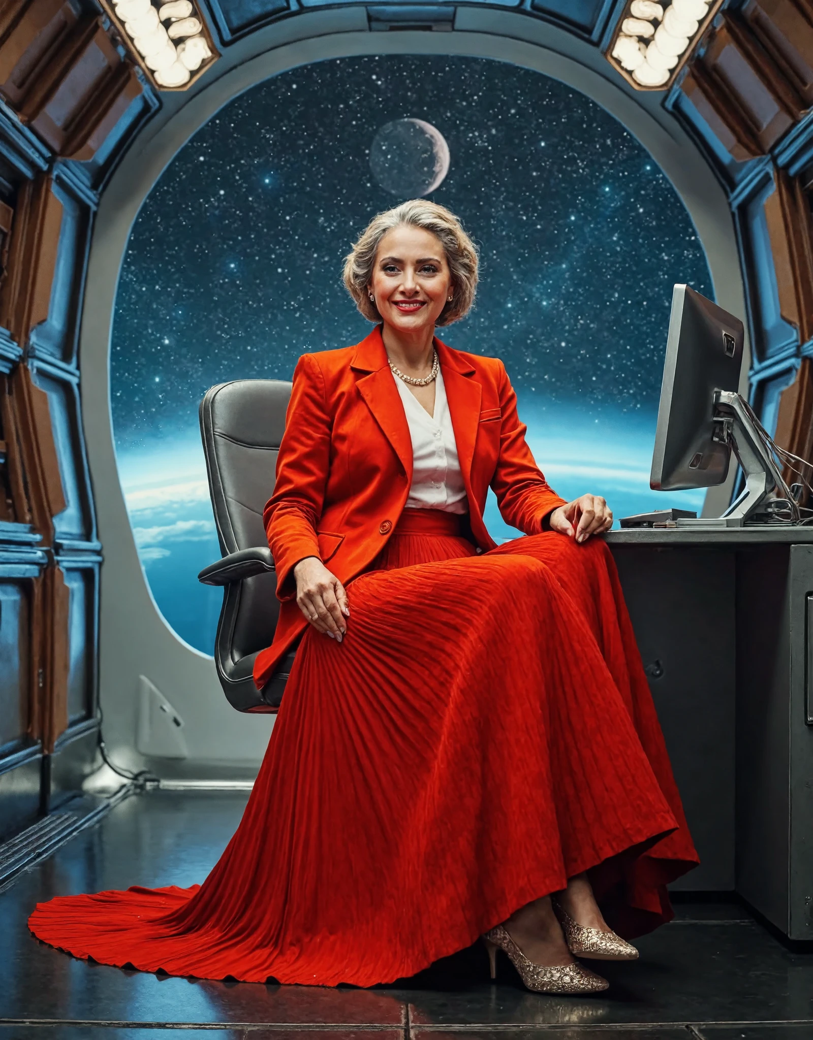 Soft focus captures a vintage aesthetic on 35mm film, reminiscent of Portra400 or Vision3 200T/500T. In a spaceship office, a compassionate therapist sits surrounded by starry cosmos through large windows. Her long, pleated skirt flows elegantly around her legs as she wears a uniform jacket over a blouse. Modest low-heel shoes and glasses complete her outfit. Gentle facial features beam with a warm smile as she lifts her skirt, inviting intimacy and comfort. The metallic spaceship interior is illuminated by warm light and a hint of moonlight, emphasizing the therapist's charming pose.