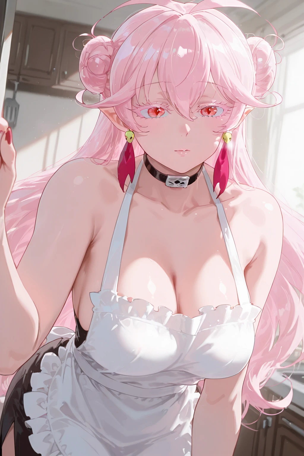 1 22 year old girl, Pink Hair, Long double ponytail, Pink Shirt, Fluffy collar, White fluffy skirt, White ribbon in hair, Plenty of hair accessories, ta,(sagging breasts:1.8),focus breasts,upper body,see-through,nsfwless,cute,Which,nipples,NUDE