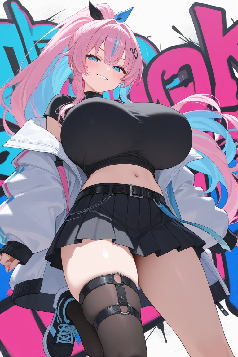Fox Girl, Big Breasts, Voluminous purple hair, masterpiece , Red eyes、Double teeth、tooth、Blushed cheeks、 hd, Head to Chest, buried in my chest、Underbust、Cleavage、hoodie、hot pants、Black knee socks