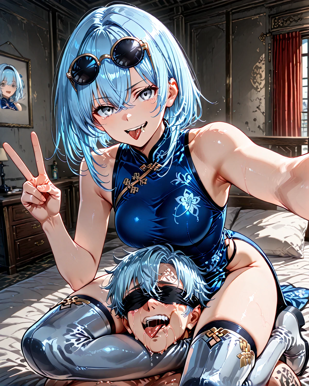 NSFW,masterpiece,Highest quality,High resolution,Super detailed,Star Town Suisei\(Hololive\),Blue Hair,One Side Ponytail,Blue Eyes,Small breasts,(High-quality silk dress),Estrus,A tense face,blush,(Ahegao),(Sweat),Leg spread,Love Hotel at Night,Quality bed,(Middle-aged men),A man puts his hands on her waist and hugs her,Having sex,Insert,Creampie,heart,Surrender,Wet