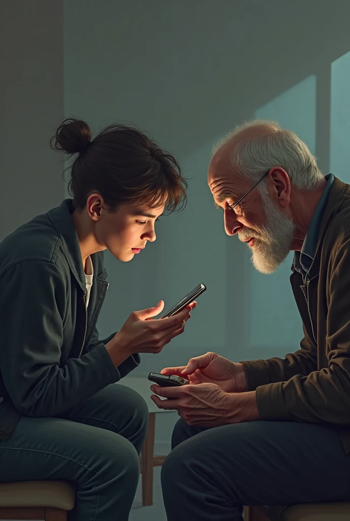 one pinoy gen z people holding a phone and madly typing, one is big eye muscle dark dirty men, are in rage sitting in a  couch apart
