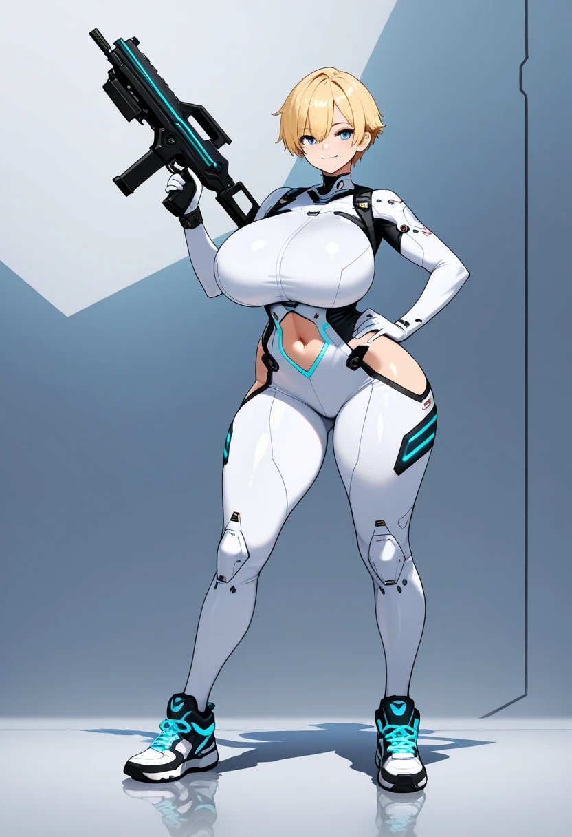 Sans blue jacket black shirt fire eyes skull smile long eyelashes white short hair glowing face blue keel cannon one standing in the snow town Femininefull Super huge breasts breast enlargement full-body shot