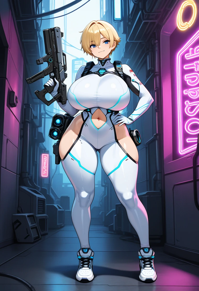 1girl, white hair, very short hair, pixie cut, blue eyes, serious, glowing eyes, large breasts, breasts, thick thighs, toned, toned female, bodysuit, pilot suit, futurustic, science-fiction, neon, neon trim, neon light, white bodysuit,