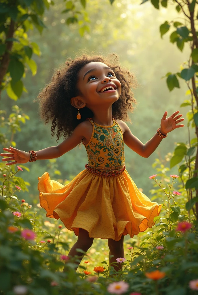 brunette child, dark skinned 4 year old in dress, blue wheel smiling and dancing in a quarry