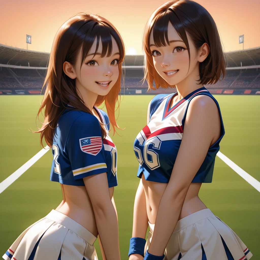 two young women in cheerleaders pose for a picture on a field, jazza and rossdraws, rossdraws 2. 5, realistic artstyle, rossdraws 1. 0, rob rey and kentaro miura style, adorable digital painting, rossdraws 2. 0, photorealistic artstyle, artgerm and atey ghailan