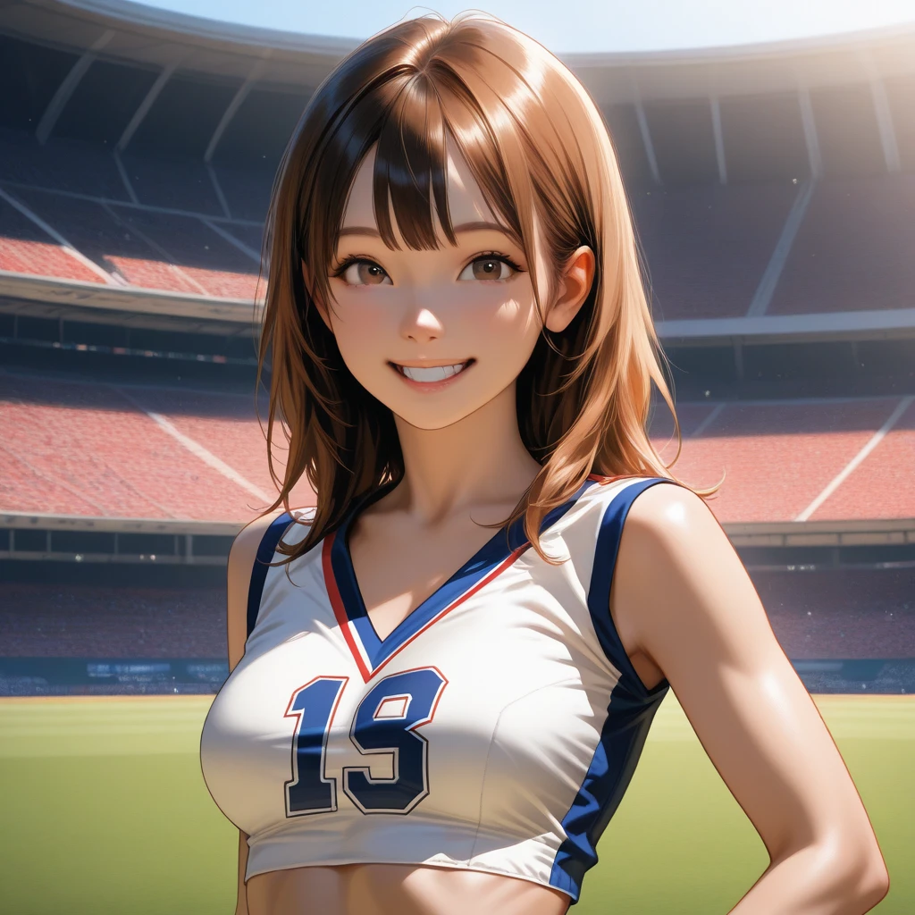 Realistic、Masseter region、Highest quality、High resolution、RAW Photos、Realistic、Bright lighting、Face Light、Smooth Professional Lighting、Japanese women、Beautiful woman、Modeled、gravure、sexy、so beautiful、Realisticで美しい肌、Beautiful and exquisite、Detailed face、slim、Large Breasts、Cleavage、short hair、Brunette colored hair、Brown eyes、Looking into the camera、Cheerleader、Cheerleader、Cheerleader、smile