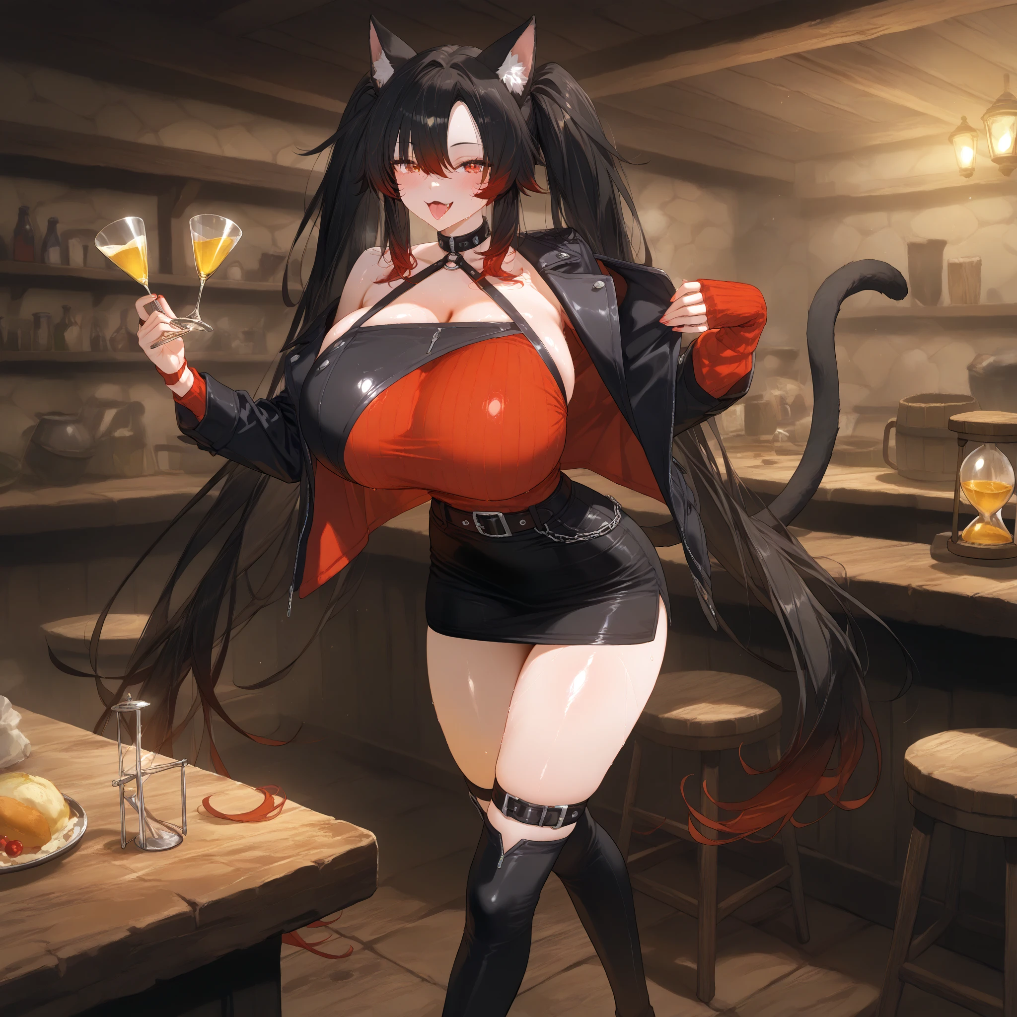 Anthropomorphic werewolf, big breasts, wide hips, gothic, with a bar in the background.