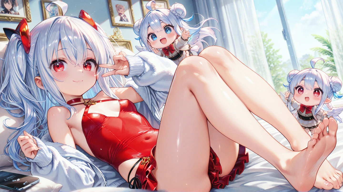The woman is sitting on the sofa、A small white Pomeranian crawls on his lap。, Opposite the birthday cake, Make a wish on a birthday cake, Celebrating her birthday, She is about 16 years old, White skin, Delicate facial features