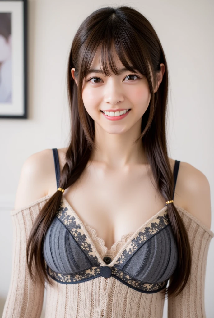 In 8K,highest quality,real image,intricate details,Super high resolution,depth field,15 year old junior high school student、(amazingly cute:1.2),Change of clothes,(stripes々Underwear),detailed eye,(brown eyes)