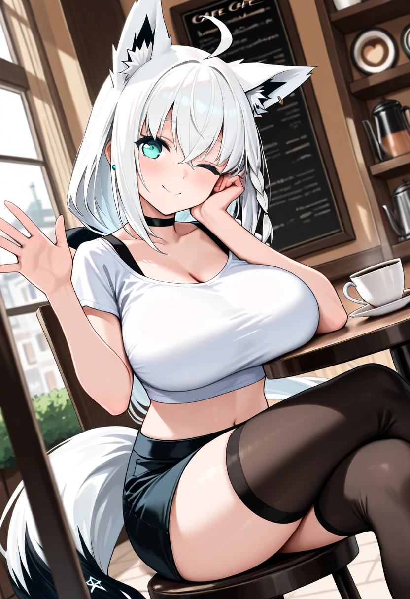 (((SHARP detail perfect face))), big breasts, (nice hips), detailed skin, ((masterpiece)), best quality, (SHARP details), 4k, ((female gladiator)), ((dark skin)), (cat ears), (cat tail), (platinum hair), (slave collar), amber eyes, looking at viewer, sitting at table, long hair, tomboy, (mature woman), smiling at viewer, (restaurant), (facing viewer), (steam), (POV across (table)), ((sitting on a chair)), (same eye-level), (wearing keyhole sweater), dinner, eating), (holding (fork and knife)), ((spoken heart)),