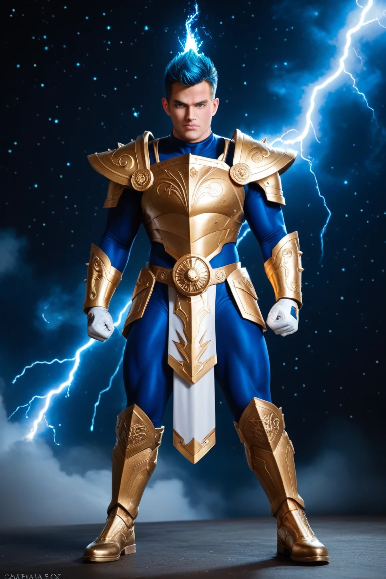 create a greek god theme metalic power ranger ,wearing helmet, armor ,lightning , ancient dress ,full body , sky background ,olympians