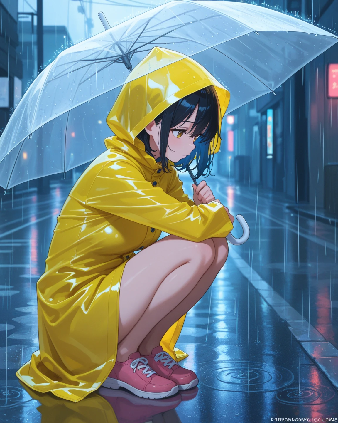 3D quadratic,Yellow raincoat girl in the rain,Optimized finger movements,Optimize toe detail