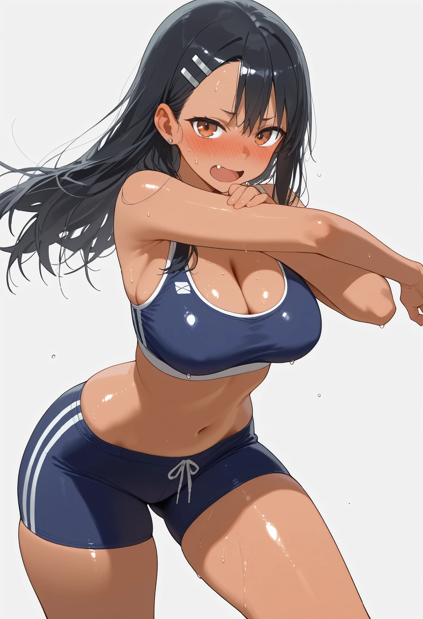 Raikou、1 person、solo、Viewer&#39;s perspective、pbNaomi、Brown skin、Black Hair、Sportswear、Sports Bra、Gym、indoor、（立ちLeg spread）、Standing on one leg、Leg spread、Leg lift、Cleavage、sweat-stopping band、Wooden floor、Sports Bikini、panties、Panty Shot、Cameltoe、Lip opening、blush、鼻blush、Embarrassing