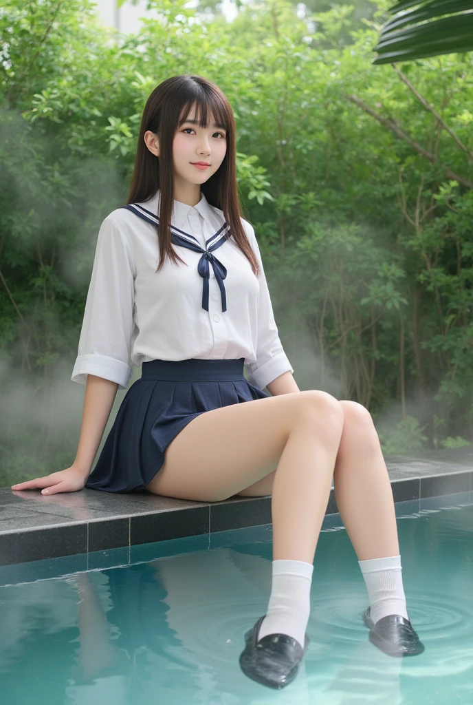 (NFSW)、(High resolution:1.5)、Highest quality,Very detailed,masterpiece,Super detailed,alone,(1 15 year old girl),((Summer School Uniforms:1.5)), Seraphim, ((skirt:1.5)),  smile, Thigh fetish images: 1.5、(((barefoot)))、(Her thighs and white bikini reflected in the clear blue water)、(reflected in water:1.5)、((I can see the white string panties:1.5))、Cleavage、((Blue, clear, transparent water))、Summer sun、はしゃいだsmile、Beautiful Eyes、pull-out-lift-panties、Big necklace and tiara