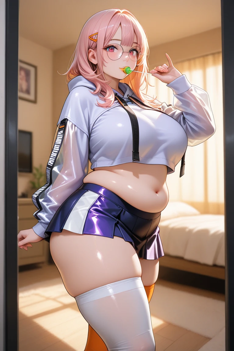 masterpiece, best quality, highly detailed, high resolution, expensive resolution, high resolution, 4K, 8k, uniform 8k wallpaper, highly detailed CG, masterpiece, 2D, 3D, beautiful details, depth, fine texture, best quality: 1.3, perfectly focused, crispy. skin, him, cute anime 20s girl, her name is Mei, idol, expensive brown short twin tails, mole under eye, looking at the viewer, cowboy shorts, expensive, blush, mole, plump lips, heart, pink eyes, heart shaped choker