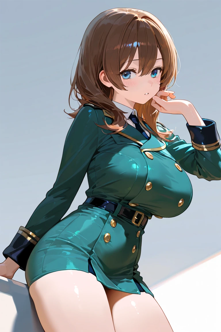 1girl, military hat, hat, brown hair, cap, very short hair, blue eyes, military, green leotard, salute, serious, leotard, thick thighs, mature female, toned, bare legs, shoes, cleavage, huge breasts, pixie cut, wide hips, tall, tall female, epaulettes